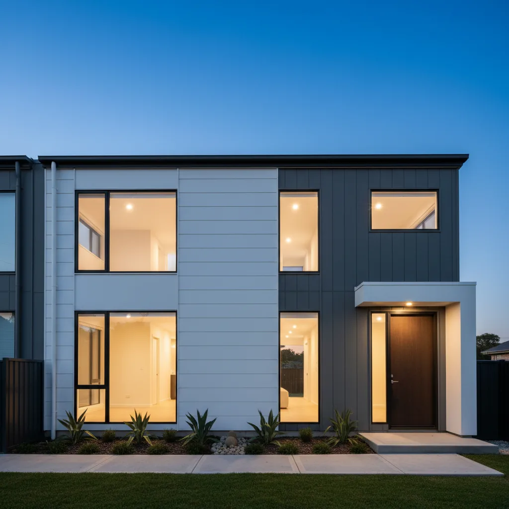 Façade rénovée d'une maison de ville avec petite cour aménagée